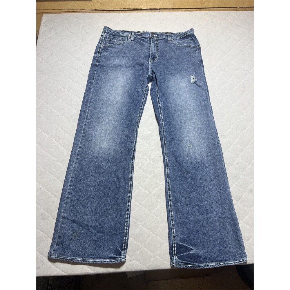 BKE Tyler Straight Leg Jeans Buckle Light Blue Wash sz 36R Distressed 36x32